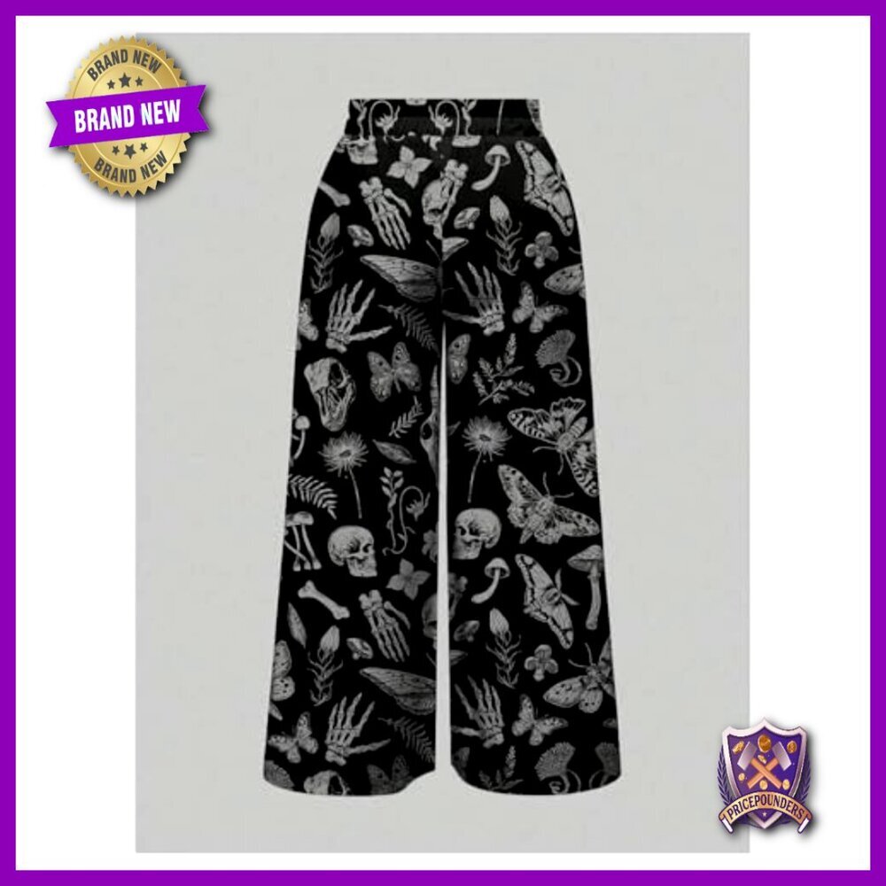 Plus Size Wide Leg Palazzo Pants Elastic Waist Skull Print Goth Streetwear - Picture 2 of 4